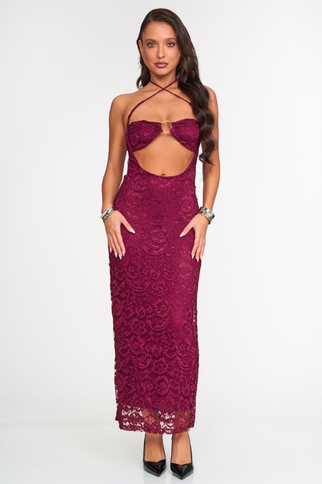 Φόρεμα Maxi Δαντελωτό Cut Out με Κρίκο