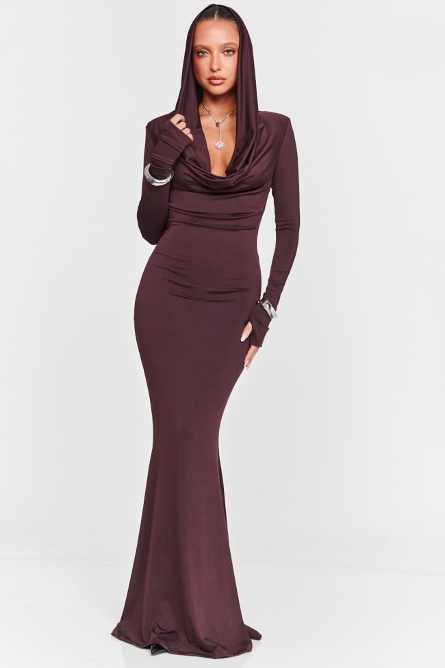 Φόρεμα Maxi Ντραπέ με Κουκούλα