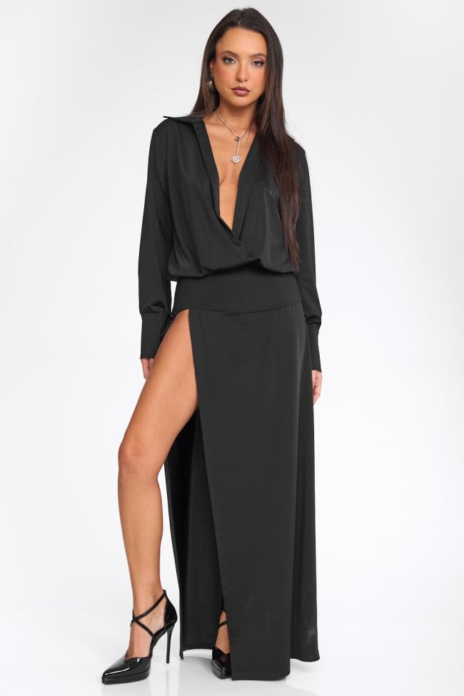 Φόρεμα Maxi Σατινέ με Βαθύ Ντεκολτέ & Σκίσιμο