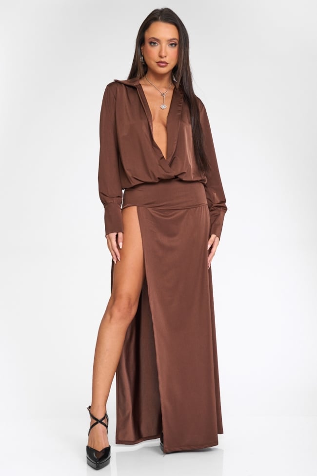 Φόρεμα Maxi Σατινέ με Βαθύ Ντεκολτέ & Σκίσιμο