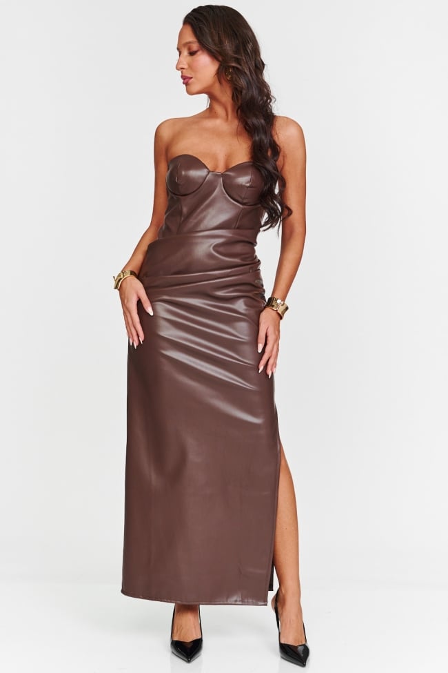 Φόρεμα Maxi Strapless Δερματίνη με Ενίσχυση