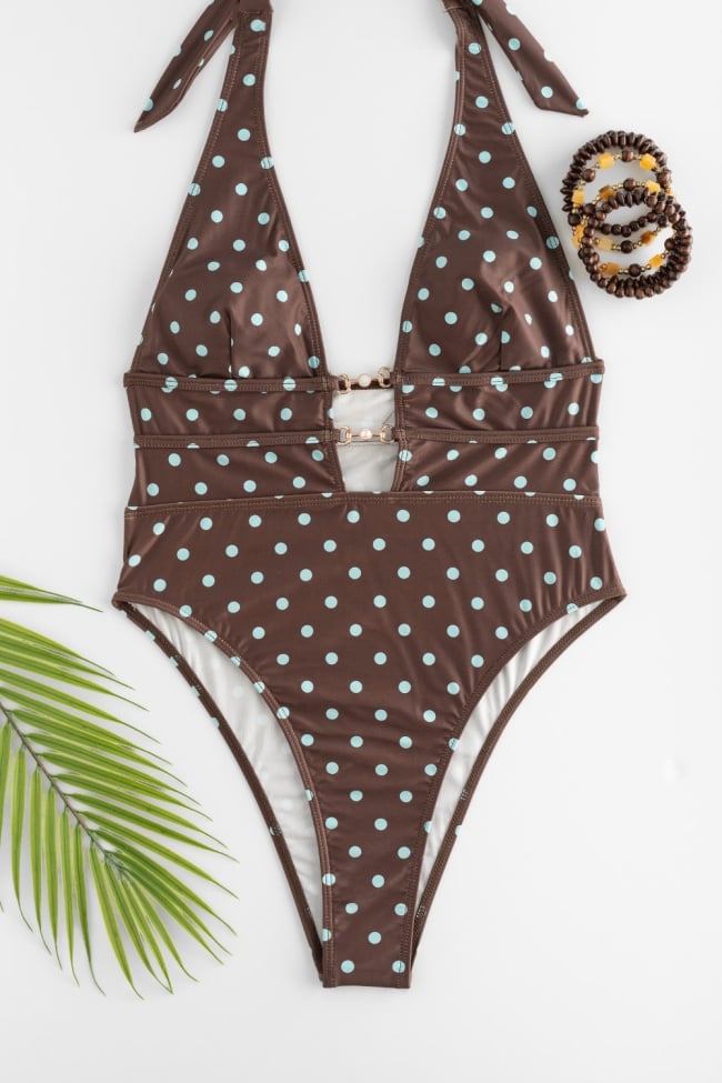 Polka Dot One-Piece Swimsuit with Jewel
