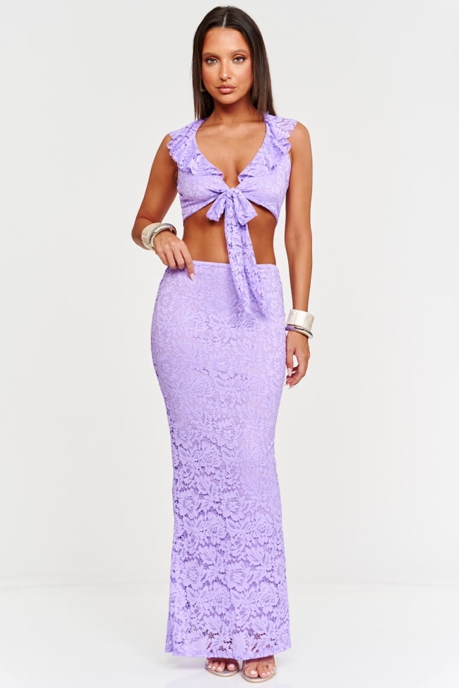Set Top με Δέσιμο & Φούστα Maxi Δαντελωτό
